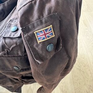 Barbour Brown Waxed Cotton Field Jacket with Union Jack Sleeve Patch